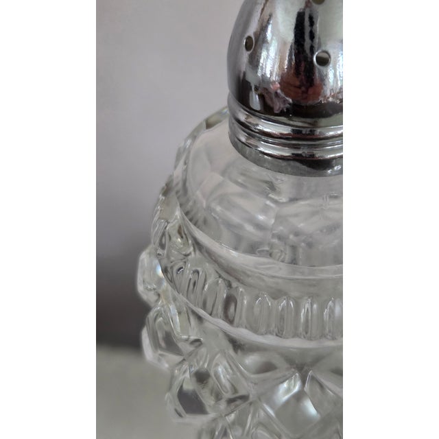 Metal Vintage Tall Faceted Crystal-Glass Salt and Pepper Shakers With Silver-Tone Caps For Sale - Image 7 of 16