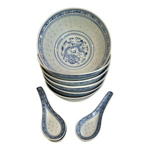 1990’s Jingdezen Ware Rice Grain Chinoiserie Blue and White Dragon Bowls With Spoons - A Set of 12 Pieces