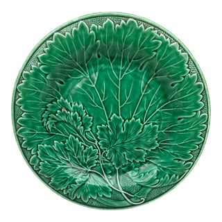French Green Majolica Leaves Plate Montereau, Circa 1890 For Sale