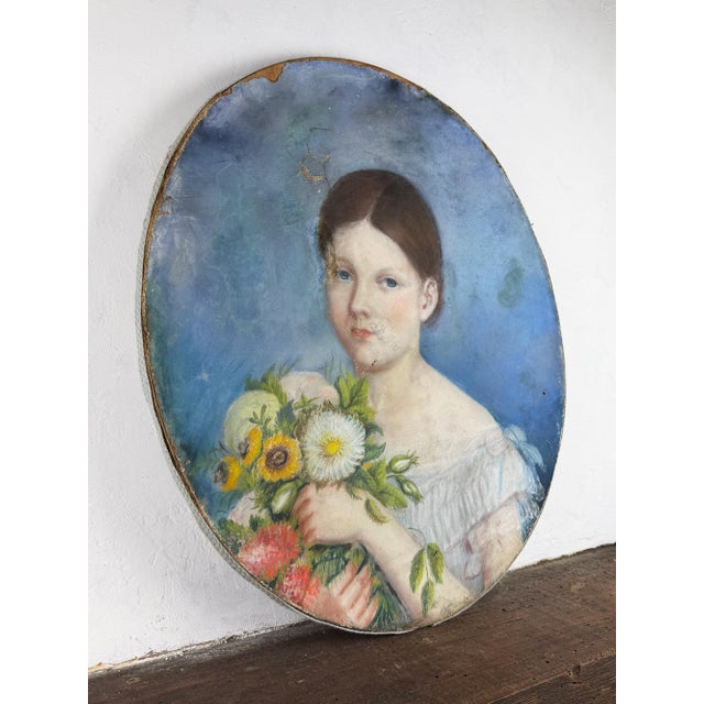 Oval Portrait of a Young Girl with Flowers, 1800s, Pastel Artwork For Sale - Image 4 of 18