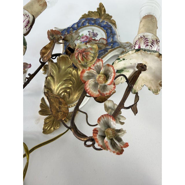 Two-Light Wall Lamps in Wrought Iron and Decorated Porcelain, 1940s, Set of 2 For Sale - Image 6 of 14