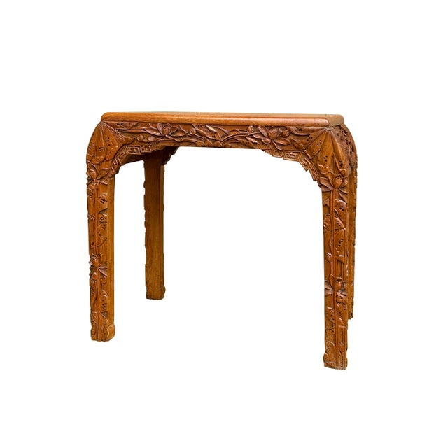Vintage Oriental Floral Relief Carving Light Brown U Shape Stool Side Table For Sale - Image 4 of 5