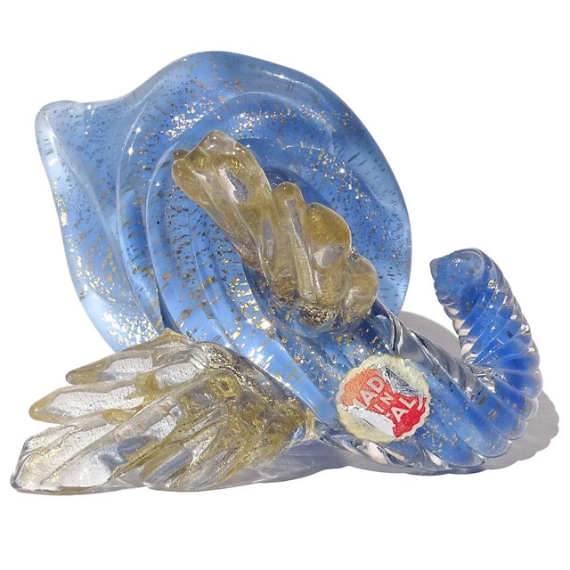 Vintage Seguso Murano 1950s Gold Flecks Opalescent Blue Italian Art Glass Cornucopia Sculptural Vase For Sale - Image 9 of 10