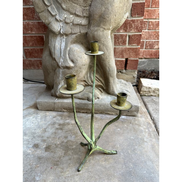 Vintage Verdigris Brass Three-Arm Candelabra | Sculptural Organic Form For Sale - Image 4 of 8