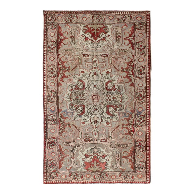 Antique Sevas Turkish Rug in Gray, Taupe, Blush, Rosewood Red and Charcoal For Sale
