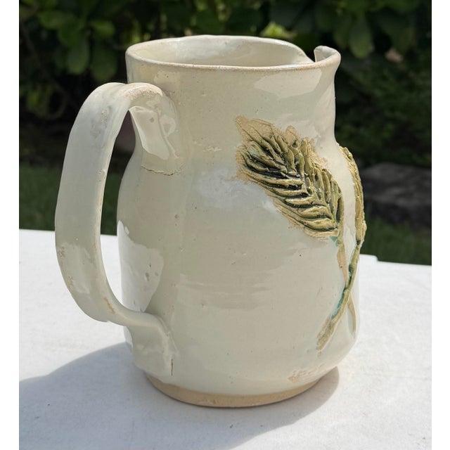 Vintage 1994 Handcrafted Ceramic Pitcher With Sculptural Leaf Motif For Sale - Image 4 of 10