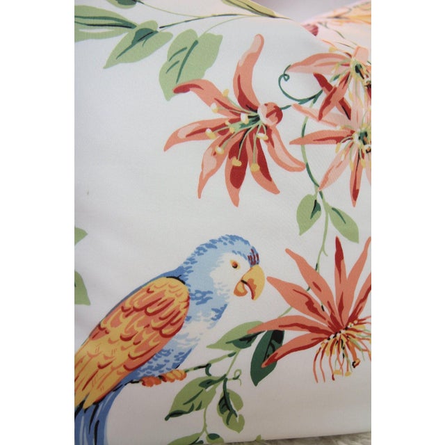 Vibrant flamingos, parrots, and tropical blooms on crisp white cotton sateen. Size: 24″ × 24″ (Approx. 61 × 61 cm)...