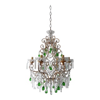 1900s Italian Green Drops Macaroni Swags Rock Crystal Chandelier For Sale