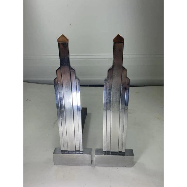 Art Deco 1930s Jules Bouy Art Deco Chrome and Copper Andirons and Firetools by Jules Bouy For Sale - Image 3 of 9
