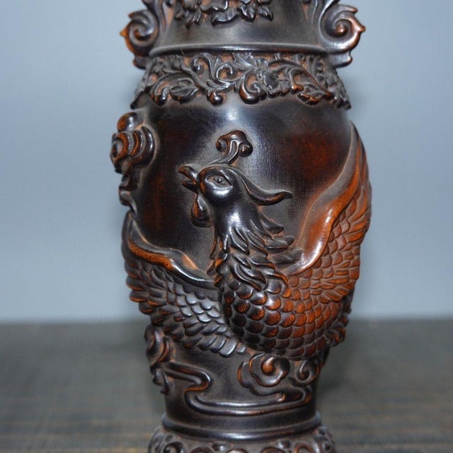 1990s Vintage Chinese Boxwood Carved Vase With Phoenix Motif For Sale - Image 5 of 9