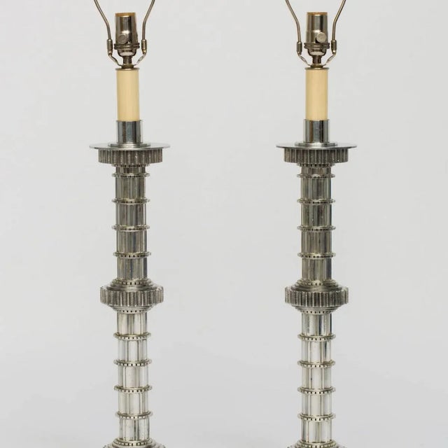 Metal Machine Age Cast Aluminum Lamps - A Pair For Sale - Image 7 of 8