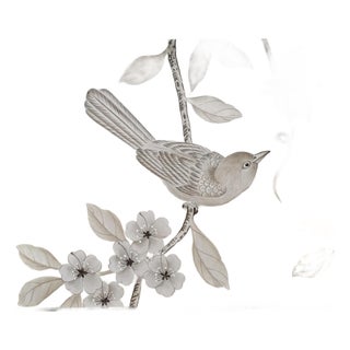 Silver Foil Hand Painted Bird Mural Wallpaper, Luxury Botanical Wallpaper Panel, Elegant Floral Nature Wall Covering, Designer Interior Decor For Sale