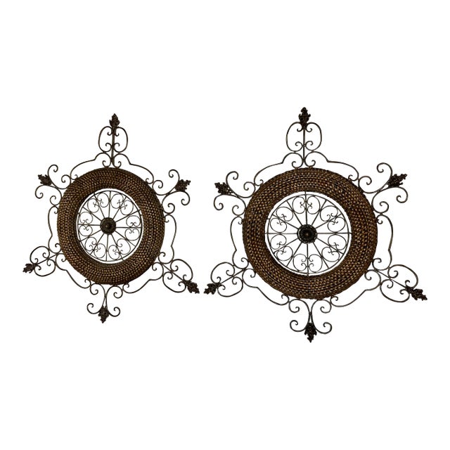 Vintage Heavy Pair of Round Wrought Iron and Wicker Wall Art For Sale