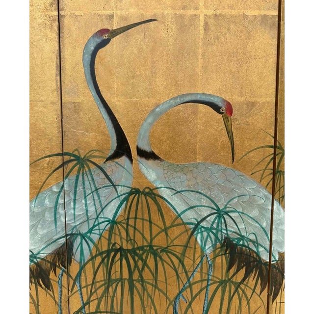 Early 20th Century Japanese Four-Fold Byobu Screen With Cranes and Young Bamboo For Sale - Image 11 of 18