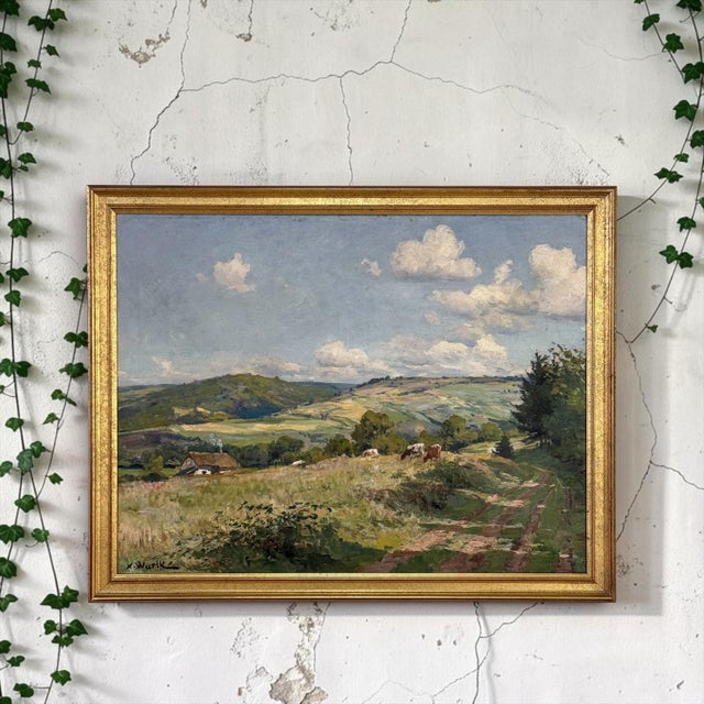 An antique Belgian oil on canvas landscape by Xavier Wurth, painted in the Ardennes countryside with the calm, luminous...