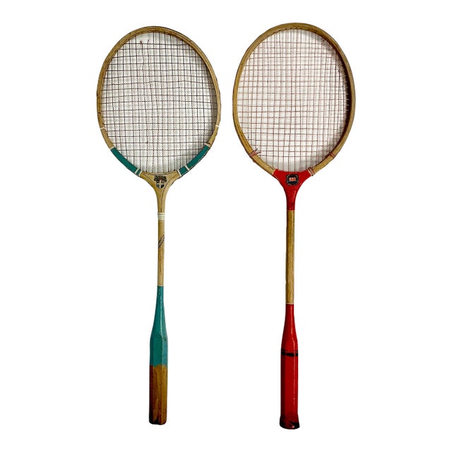 1950s Vintage Boho Chic Wood Badminton Rackets - Set of 2. For Sale