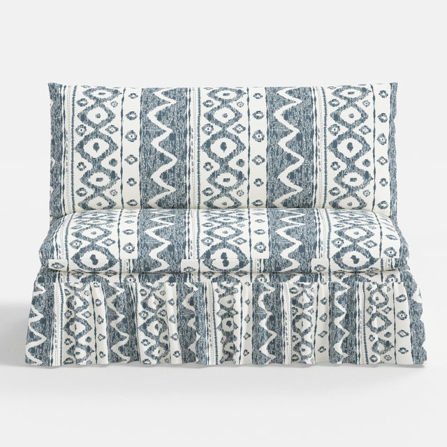 Spritely Home Capra Ruffle Settee in Linny Ikat Slate For Sale - Image 4 of 7