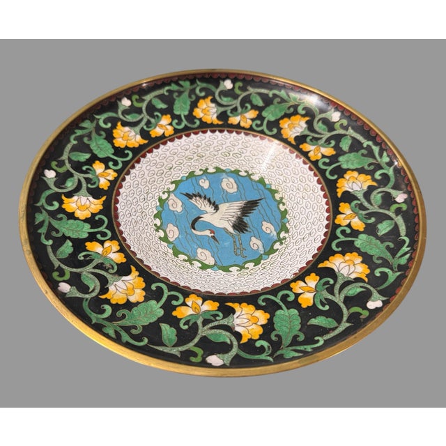 Antique Floral & Egret Enamel Inlay Decorated Chinese Cloisonné Compote Serving Dish In very good original condition...
