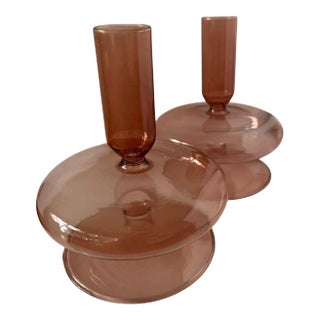 Vintage Mid Century Glass Candle Holders Pink Minimalism Contemporary Taper Holder Nordic Scandinavian Stacked For Sale