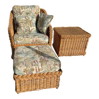 1960s Michael Taylor Style Wicker Chair, Ottoman & Table For Sale