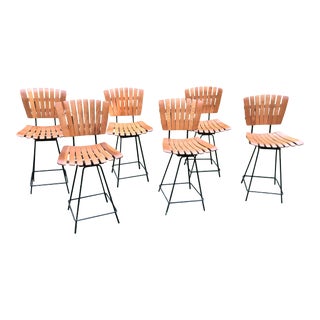 Mid Century Arthur Umanoff Slatted Swivel Counter Stools - Set of 6 For Sale