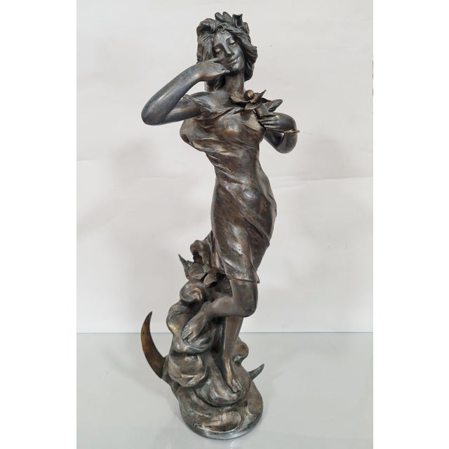 Metal Antique French 20thC Young Lady Art Nouveau Bronzed Metal Sculpture Figure Woman For Sale - Image 7 of 13