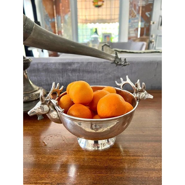 Metal Silver Plate Hammered Bowl with Stag Handles For Sale - Image 7 of 9