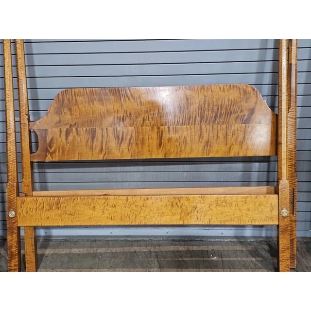 Late 20th Century Benchmade Tiger Maple Queen Size Pencil Post Canopy Carved Bed For Sale - Image 4 of 10