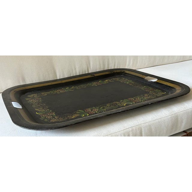 Metal Antique Folk Art Black and Gold Tole Metal Tray For Sale - Image 7 of 11