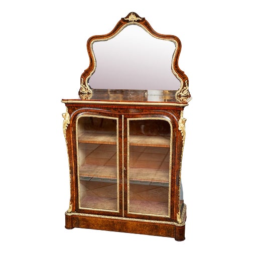 Antique Victorian Showcase in Walnut Briar with Gilded Bronze Elements, England, 19th Century For Sale