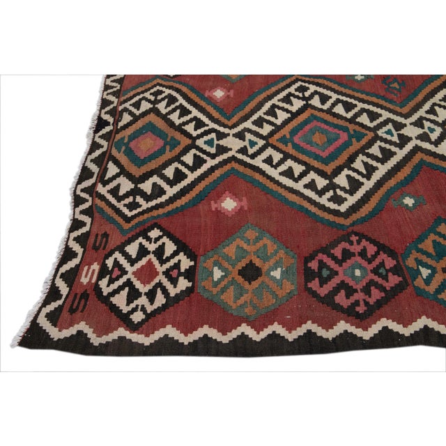 Vintage Kilim Handmade Flatweave Tribal Motif Red Wool Runner For Sale - Image 4 of 11