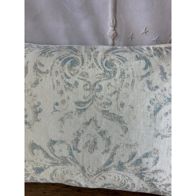 Baroque Pair of Custom Printed Linen Lumbar Pillows in Faded Aqua Baroque Damask For Sale - Image 3 of 10