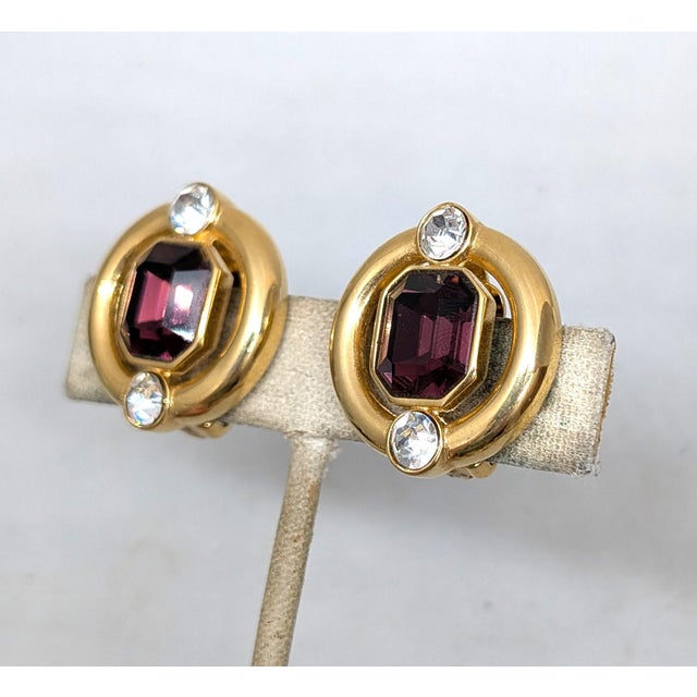 1980s Vintage 1980s Signed Givenchy Round Faux-Amethyst & Clear Rhinestone Clip Earrings-2 Pieces For Sale - Image 5 of 7