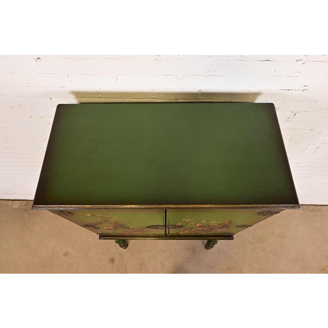 Antique Chinoiserie Jacobean Green Lacquered Hand Painted Bookcase or Bar Cabinet, Circa 1920s For Sale - Image 13 of 14