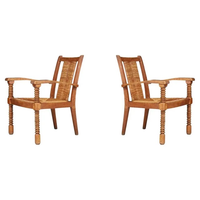 Oak and Rush Armchairs by Charles Dudouyt, France, 1940s, Set of 2 For Sale - Image 10 of 10