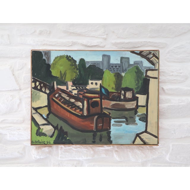 G. Delaire, Barges on the Seine, 1994, Oil Painting on Canvas For Sale - Image 11 of 11