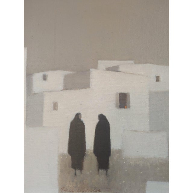 Mid-Century Modern 'Quiet Commune' Original Figure City Oil Painting by Swedish Artist Fabian Lundqvist (1913-1989), Framed For Sale - Image 10 of 12