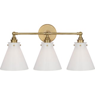 Chapman & Myers for Visual Comfort Signature Parkington 24" Three Light Bath Bar in Antique-Burnished Brass with White Glass For Sale