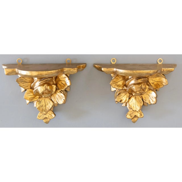 Hollywood Regency 1940s Italian Giltwood Roses Wall Brackets Shelves - a Pair For Sale - Image 3 of 7