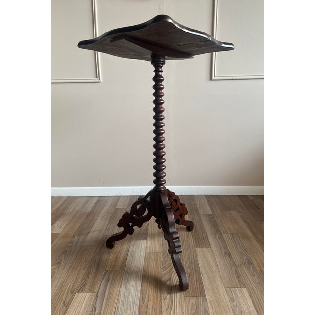 Mid 19th Century c.1860 Victorian Barley Twist Tripod Carved Mahogany Wine/Side Table Hand-Carved Pedestal, Scalloped Top For Sale - Image 5 of 8