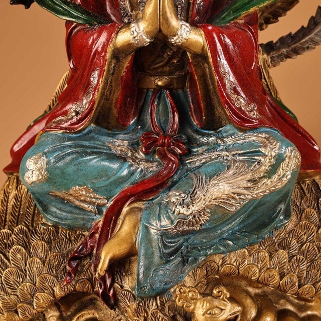 Bronze Vintage Painted Bronze Sculpture of Goddess With Phoenix, Gilded & Polychrome Relief Statue For Sale - Image 8 of 9
