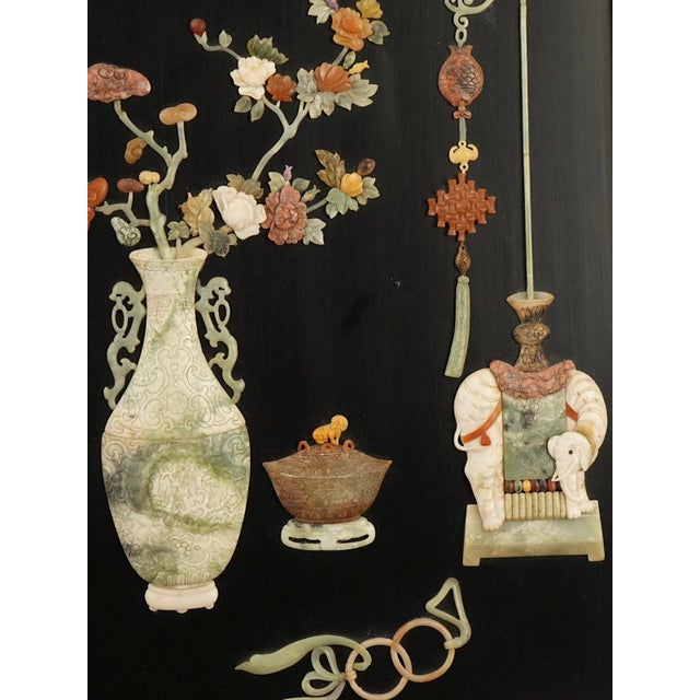 Pair of Vintage Chinese Black Lacquer Wall Panels With Jade Hardstone For Sale - Image 4 of 8