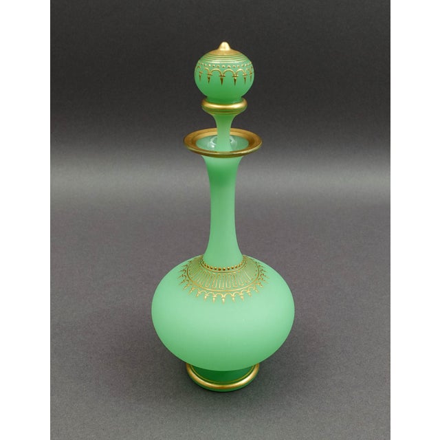 Mid-Century Modern Mid 20th Century French Opaline Satin Green Gold Gilded Uranium Glass Decanter Bottle 9 3/8" For Sale - Image 3 of 9