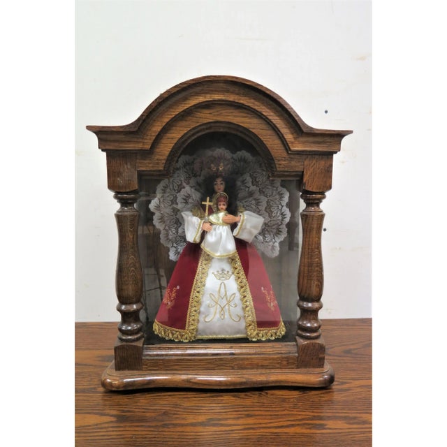 Turn of the Century French Wax Madonna and Child in Oak and Glass Case For Sale - Image 9 of 9