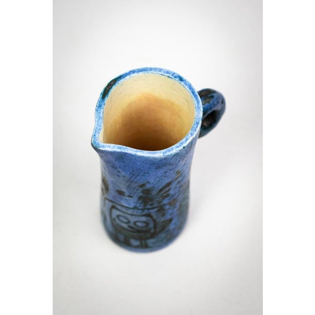Small Mid-Century French Blue Ceramic Ewer with Engraved Decoration of Stylized Owls and Fish by Jacques Blin, 1950s For Sale - Image 14 of 15