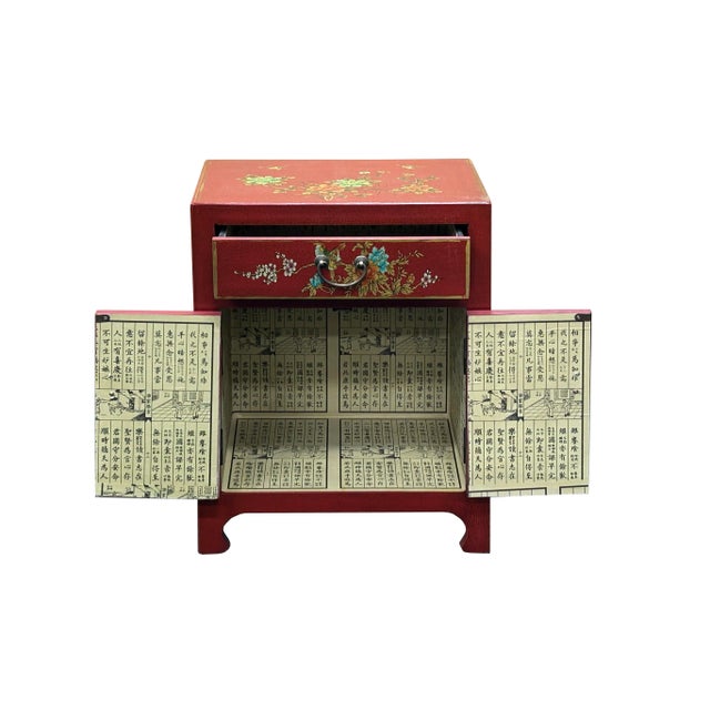 Chinese Red Vinyl Moon Face Flower Birds End Table Nightstand For Sale In San Francisco - Image 6 of 10