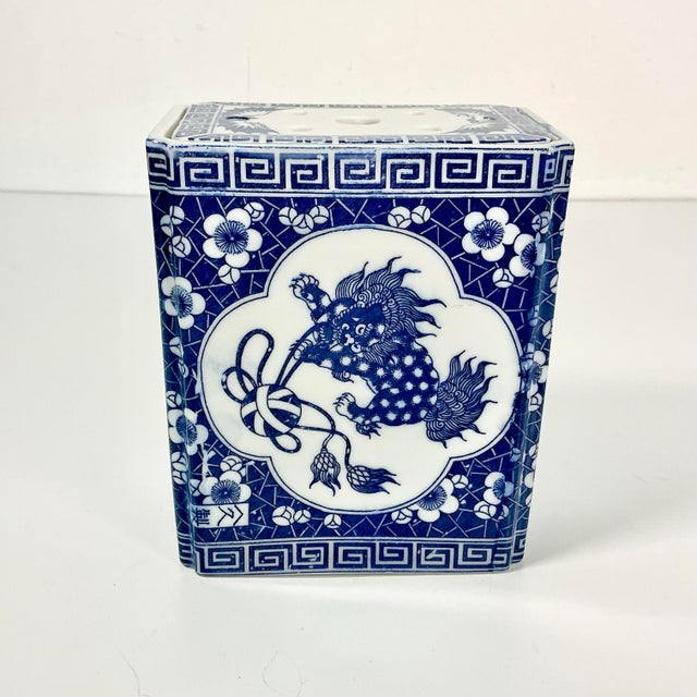 Mid-Century Chinoiserie Boho Chic Square Vase With Flower Frog by Andrea of Sadaek For Sale - Image 10 of 12
