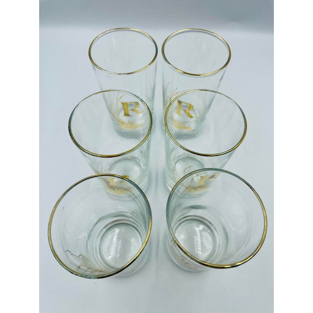 Metal Rare Mid 20th Century Gold Leaf Monogram “R” Highball Glasses – Set of 6 For Sale - Image 7 of 12