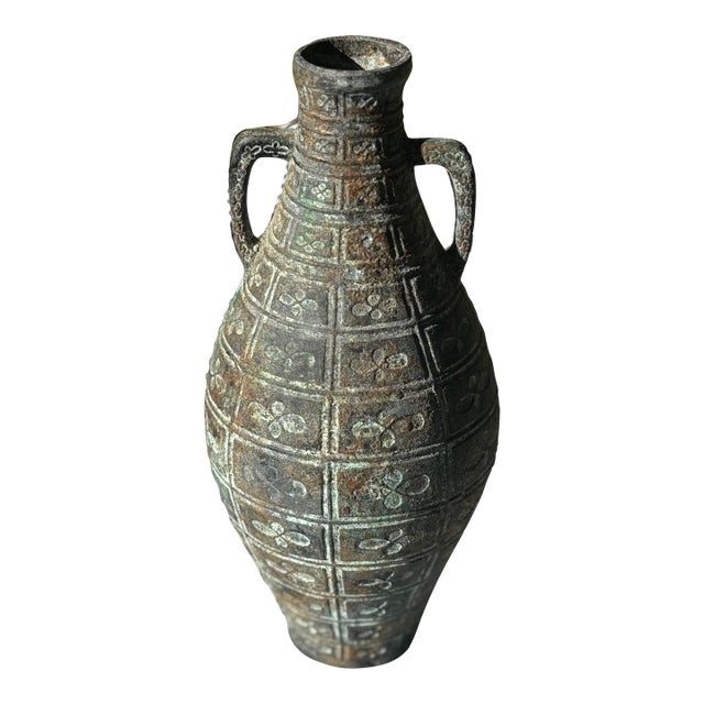 Vintage Heavy Metal Amphora Vase With Verdigris Patina - Mid-Century Italian Classical Revival Piece For Sale