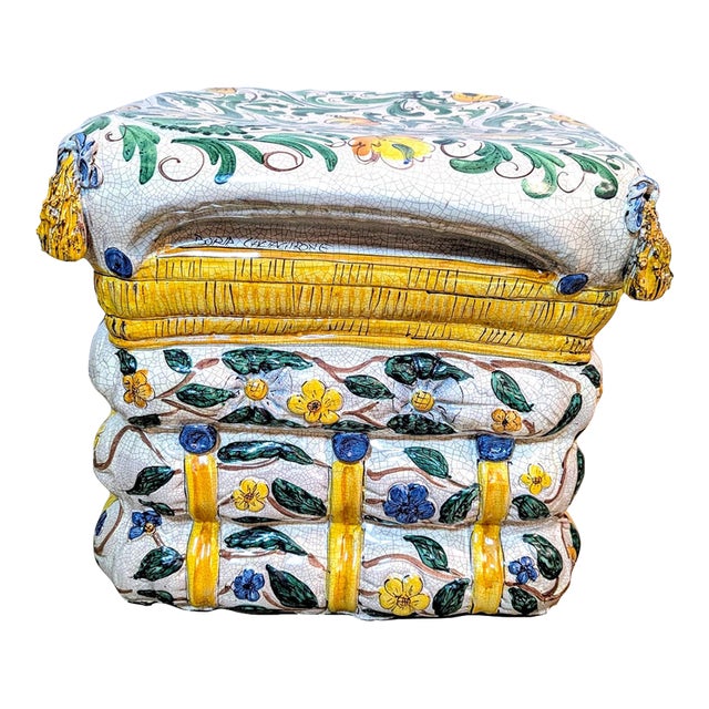 1970s Italian Majolica Stacked Pillows Garden Stool or Ottoman - Trompe l'Oeil Style For Sale